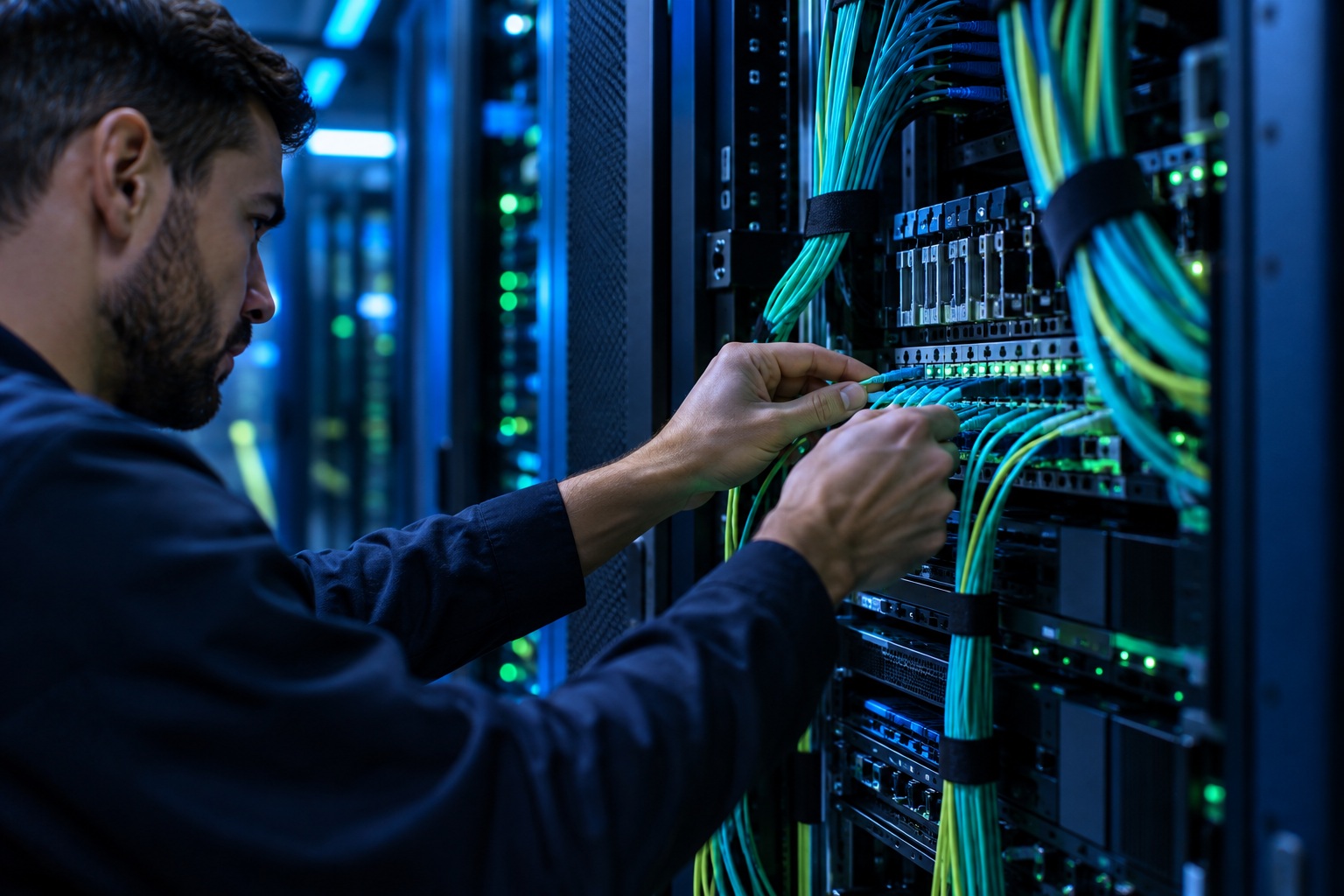 Técnico conectando cabos de fibra óptica em equipamentos de rede