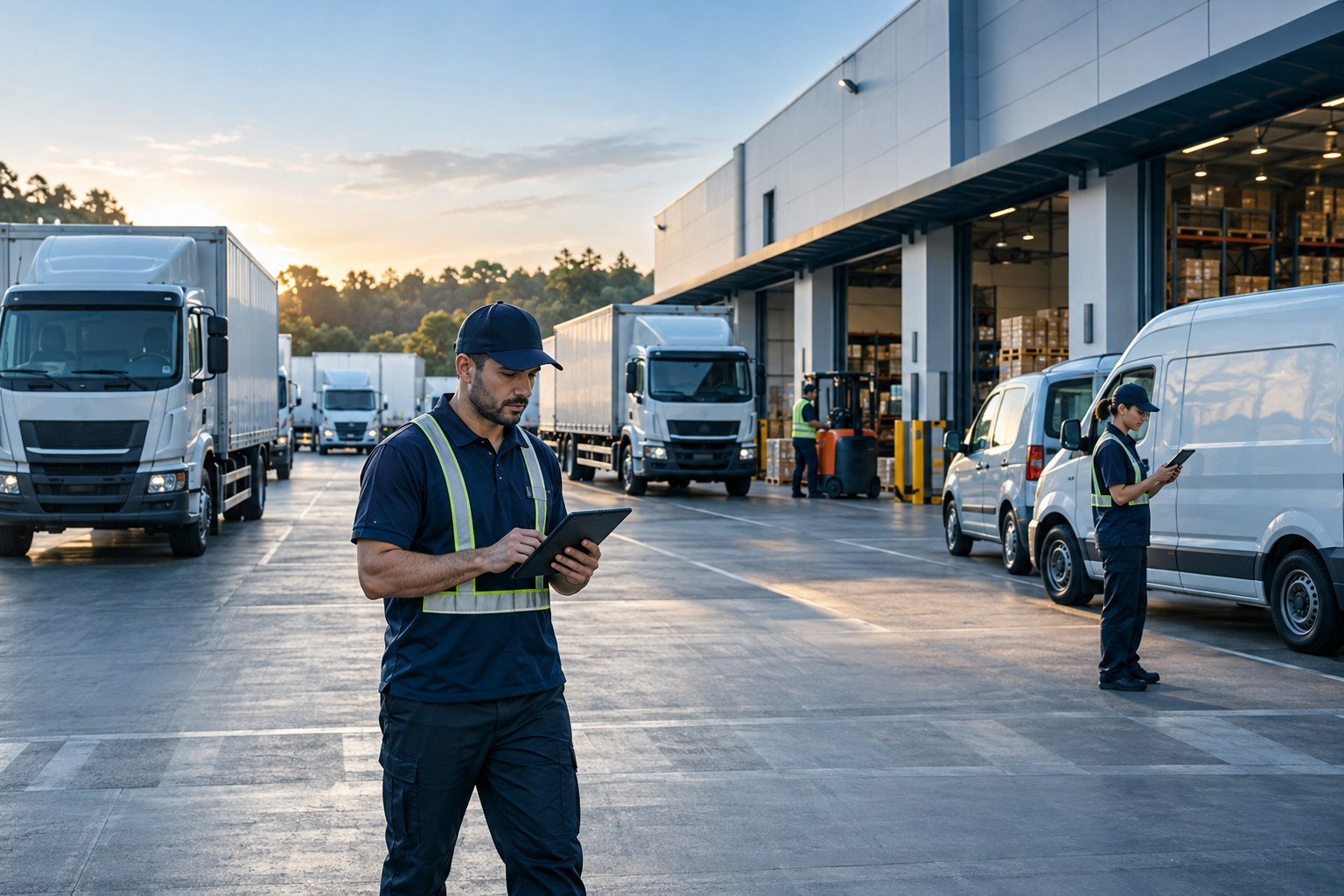 Pátio de empresa com caminhões, veículos e profissionais usando dispositivos móveis